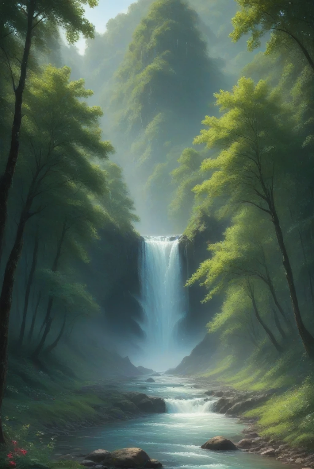 Generate a natural image depicting a tranquil place with many trees. The area is separated by a large waterfall flowing down into a river. Ensure the sunlight shines brightly on the top of the waterfall, creating a sparkling effect. Natural colors should be present and detailed to make the image look like a paradise. The trees should be vast and green, with some flowering trees, and the river should reflect the sunlight. Aim for an atmosphere of tranquility and natural beauty.