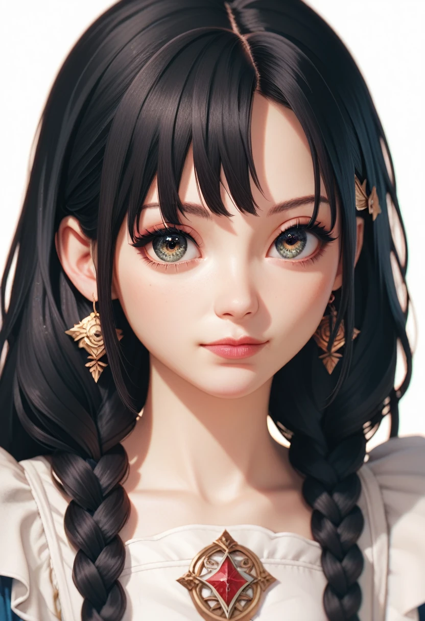 best quality, masterpiece, anime girl , young girl, 24 years old, 1girl, bangs, long hair, cute face, perfect shot, perfect anatomy, medieval, white background, solo girl, 4k, high resolution , detailed face, detailed eyes, beautiful eyes, black hair,  very close up, focus on face,  