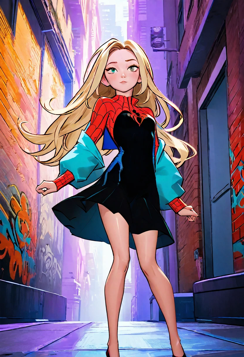 (Obra maestra, 8K, HD, Alta resolución: 1.4), retrato estilizado de Sydney Sweeney en estilo artístico Spider-Verse, (rasgos estilizados y vibrantes: 1.3), (pelo largo y ondulado, rubias: 1.2), (ojos expresivos y detallados: 1.2), (ropa moderna y dinámica, inspirado en el universo Spider-Verse: 1.3), (pose segura y enérgica: 1.3), (elementos de animación cómica, con texturas y sombras dibujadas a mano: 1.2), (fondo con escenas urbanas y coloridas, como rascacielos y graffitis: 1.1), (Atmósfera vibrante y electrizante: 1.3), Detalles intrincados y vívidos, (Elementos de fantasía y acción.: 1.2), (perspectiva dinámica y cautivadora: 1.3)