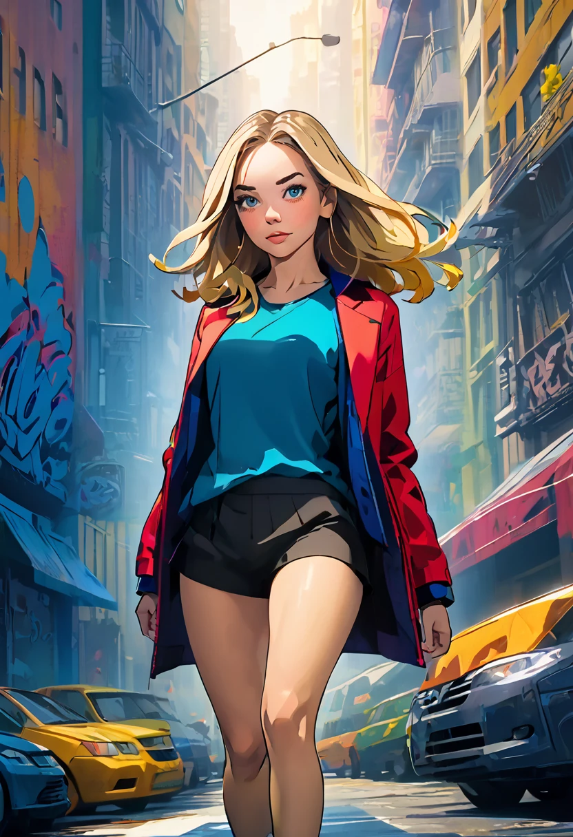 (Masterpiece artwork, 8K, uhd, high resolution: 1.4), stylized portrait of Sydney Sweeney in Spider-Verse art style, (stylized and vibrant features: 1.3), (long and wavy hair, blondes: 1.2), (expressive detailed eyes: 1.2), (modern and dynamic clothing, inspired by the Spider-Verse universe: 1.3), (confident and energetic pose: 1.3), (comic animation elements, with hand-drawn textures and shadows: 1.2), (background with urban and colorful scenes, like skyscrapers and graffiti: 1.1), (vibrant and electrifying atmosphere: 1.3), Intricate and vivid details, (fantasy and action elements: 1.2), (dynamic and captivating perspective: 1.3)