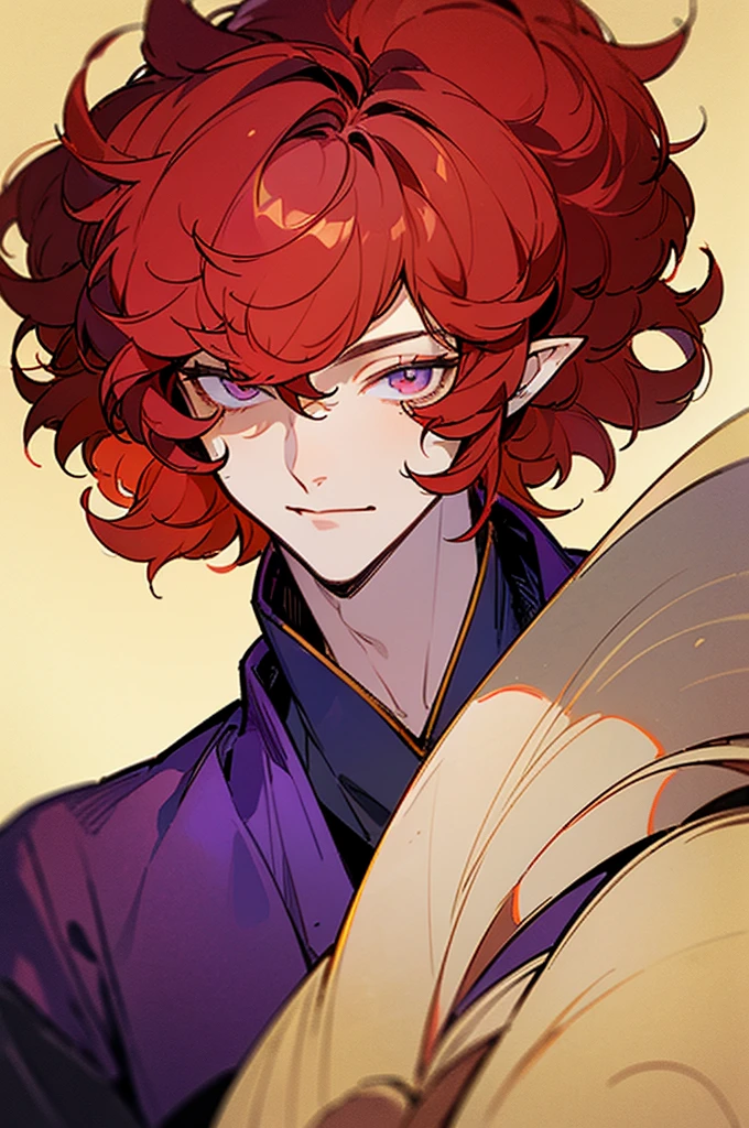 ((masterpiece)), ((one man)), man, man in late 30s, dark skin, white eyes, detailed eyes, elve ears, drak red hair, short hair, short curly hair, ((curly hair)), curly hair, tall, handsome, mature, purple clothes,
