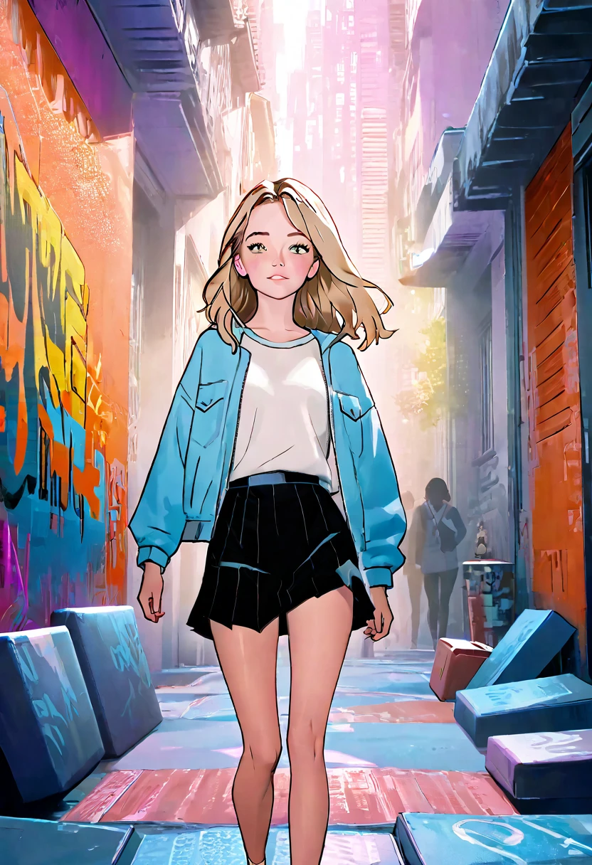 (Masterpiece artwork, 8K, uhd, high resolution: 1.4), stylized portrait of Sydney Sweeney in Spider-Verse art style, (stylized and vibrant features: 1.3), (long and wavy hair, blondes: 1.2), (expressive detailed eyes: 1.2), (modern and dynamic clothing, inspired by the Spider-Verse universe: 1.3), (confident and energetic pose: 1.3), (comic animation elements, with hand-drawn textures and shadows: 1.2), (background with urban and colorful scenes, like skyscrapers and graffiti: 1.1), (vibrant and electrifying atmosphere: 1.3), Intricate and vivid details, (fantasy and action elements: 1.2), (dynamic and captivating perspective: 1.3)