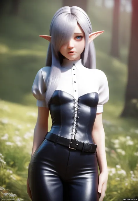 A detailed gnome girl with pale skin, short stature, and very long silver hair that curls at the ends, covering one eye, with sm...