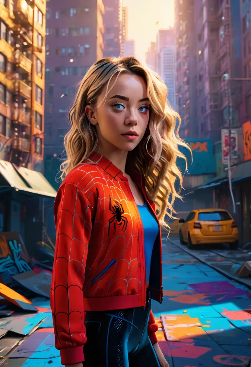 (Masterpiece artwork, 8K, uhd, high resolution: 1.4), stylized portrait of Sydney Sweeney in Spider-Verse art style, (stylized and vibrant features: 1.3), (long and wavy hair, blondes: 1.2), (expressive detailed eyes: 1.2), (modern and dynamic clothing, inspired by the Spider-Verse universe: 1.3), (confident and energetic pose: 1.3), (comic animation elements, with hand-drawn textures and shadows: 1.2), (background with urban and colorful scenes, like skyscrapers and graffiti: 1.1), (vibrant and electrifying atmosphere: 1.3), Intricate and vivid details, (fantasy and action elements: 1.2), (dynamic and captivating perspective: 1.3)