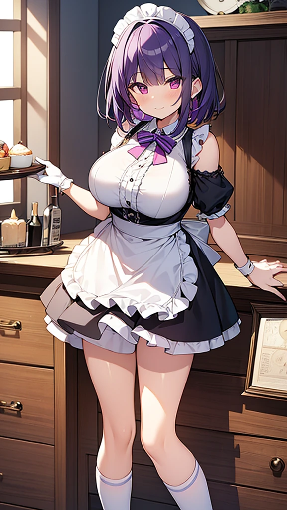 最high quality, high quality, Super detailed, 32k, Ultra-detailed details, , {{The succubus maid has the face of my sister}}, (only, Standing, pretty girl, beautiful purple hair, short hair, Beautiful RED eyes, mature, Big Breasts, A light smile, Off-the-shoulder sleeveless Summer cute maid outfit, Summer casual maid clothes, Short skirt, Blue and white color striped underwear, Black knee socks, loafers, She&#39;s holding 大きく up her skirt with both hands to show her underwear, 18-year-old,cute), A maid who moves her body vigorously without caring if her breasts bounce, Super detailed, indoor, maid Cafe, Full body image, ((Head to Toe:1.3)), NSFW