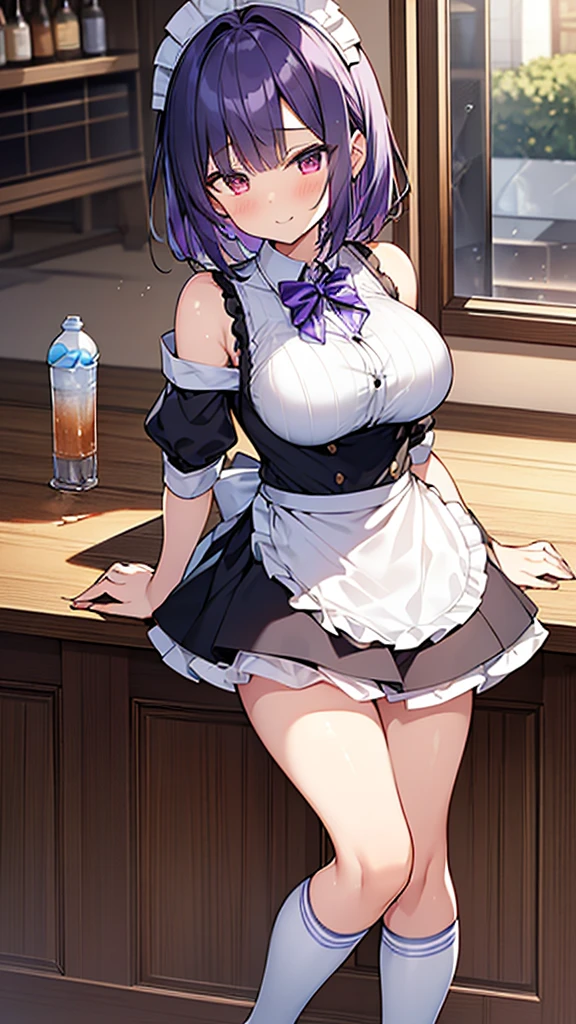 最high quality, high quality, Super detailed, 32k, Ultra-detailed details, waitress(only, Standing, pretty girl, beautiful purple hair, short hair, Beautiful RED eyes, mature, Big Breasts, A light smile, Off-the-shoulder sleeveless Summer メイド服, Summer casual maid clothes, Short skirt, Blue and white color striped underwear, Black knee socks, loafers, My crotch is wet with love juice, 18-year-old,cute), {{A succubus disguised as a waitress approached the target man&#39;s sister, peeled off the skin of the sister&#39;s face, and stuck it on her own face, becoming the waitress succubus&#39;s face., The hem of her skirt is lifted high, exposing her underwear}}, She has transformed from a shy maid into a lewd one., A maid with her sister&#39;s face stuck on her face is vigorously pistoning her body, A maid who moves her body vigorously without caring if her breasts bounce, Super detailed, indoor, Full body image, ((Head to Toe:1.3)), NSFW