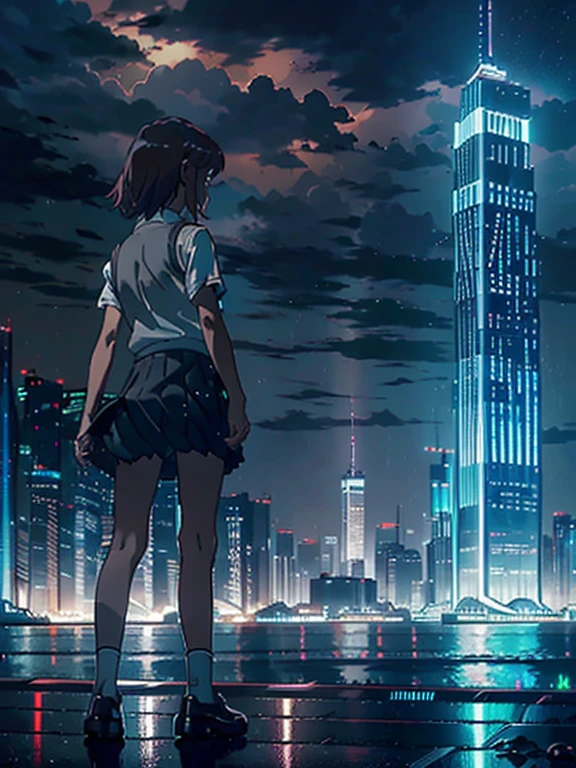 1girl, solo, ,misaka mikoto, shirt, white shirt, brown  sweater vest, skirt, , pleated skirt, short sleeves,  shorts, grey skirt, socks, collared shirt, shoes, loose socks, shorts under skirt, loafers, , black skirt,  ,  masterpiece, best quality, standing,Urban, City, Skyscrapers, Skyline, Illuminated, Lightning, Thunderous, Bolts, Flashing, Glowing, Vibrant, Electric, Striking, Dynamic, Dramatic, Stormy, Urban sprawl, Nighttime, , Excitement, Thriving, Neon lights, Reflections, Illuminated signs, Rain-soaked, Dramatic contrast, Impressive, Resilient, Towering, Spectacular, Impressive, Bustling, Unforgettable, full body, from below