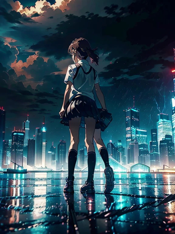 1girl, solo, ,misaka mikoto, shirt, white shirt, brown  sweater vest, skirt, , pleated skirt, short sleeves,  shorts, grey skirt, socks, collared shirt, shoes, loose socks, shorts under skirt, loafers, , black skirt,  ,  masterpiece, best quality, standing,Urban, City, Skyscrapers, Skyline, Illuminated, Lightning, Thunderous, Bolts, Flashing, Glowing, Vibrant, Electric, Striking, Dynamic, Dramatic, Stormy, Urban sprawl, Nighttime, , Excitement, Thriving, Neon lights, Reflections, Illuminated signs, Rain-soaked, Dramatic contrast, Impressive, Resilient, Towering, Spectacular, Impressive, Bustling, Unforgettable, full body, from below