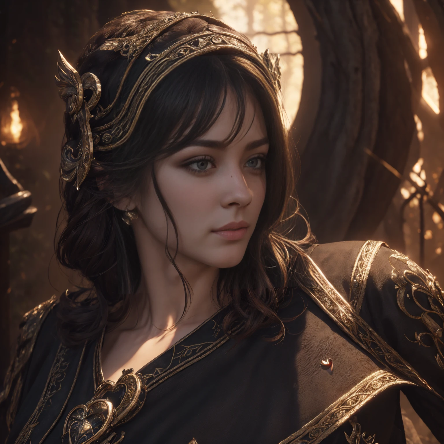 (Best quality,4K,8 k,A high resolution,masterpiece:1.2),ultra detailed,realistic:1.37,Heart of the Shadow from Baldur&#39;s Gate,Elven Ranger,beautiful detailed blue eyes,radiant smile,flowing brown hair,serious expression,fierce determination,Charismatic aura,ornate elven armor with intricate patterns,sharp elven longbow,Elven arrow quiver,Forest background,soft sunlight, Making His Way Through the Trees,mysterious shadows dance on her face,bright colors,Delicate warm color palette,portraits,Dark Fantasy Aesthetics,studio lighting