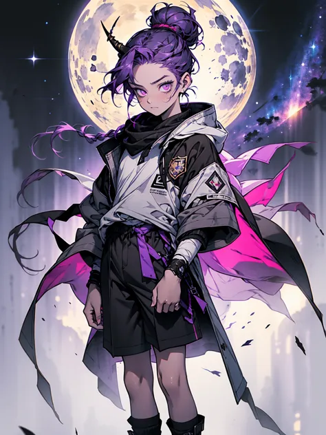 boy. thoughtful look. open forehead. black and purple hair tied in a bun on the left side to one side. winding black horns wrapp...