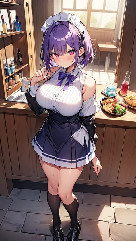 最high quality, high quality, Super detailed, 32k, Ultra-detailed details, waitress(only, Standing, pretty girl, beautiful purple...