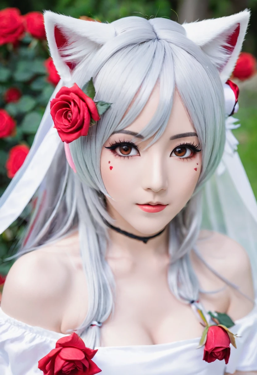 there is a woman with a white dress and a red rose in her hair, anime cosplay, anime girl cosplay, cosplay photo, anime style mixed with fujifilm, cosplay, white haired deity, a beautiful kitsune woman, cosplayer, white cat girl, girl silver hair, nekomimi, anime girl in real life, ayaka cosplay, white hime cut hairstyle