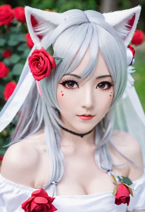 there is a woman with a white dress and a red rose in her hair, anime cosplay, anime girl cosplay, cosplay photo, anime style mi...