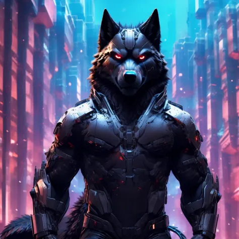 Posing, Male, 30 years old, snarl, visor, purple glowing eyes , anthro,  wolf ears, (black fur:1.5), cyber wolf, city background...