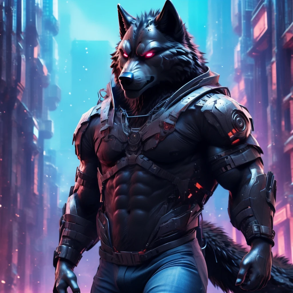 Posing, Male, 30 years old, snarl, visor, purple glowing eyes , anthro,  wolf ears, (black fur:1.5), cyber wolf, city background, 8k, hi res, (best quality, masterpiece), (wolf tail:1.5), detailed fur, solo, looking at camera, night, black leather jacket, Blue jeans,