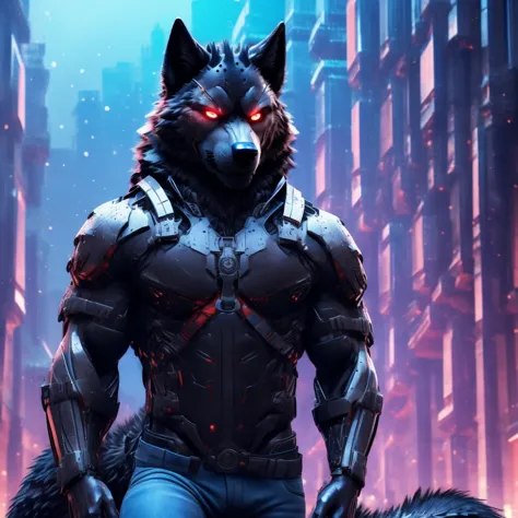 Posing, Male, 30 years old, snarl, visor, purple glowing eyes , anthro,  wolf ears, (black fur:1.5), cyber wolf, city background...