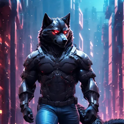 Posing, Male, 30 years old, snarl, visor, purple glowing eyes , anthro,  wolf ears, (black fur:1.5), cyber wolf, city background...