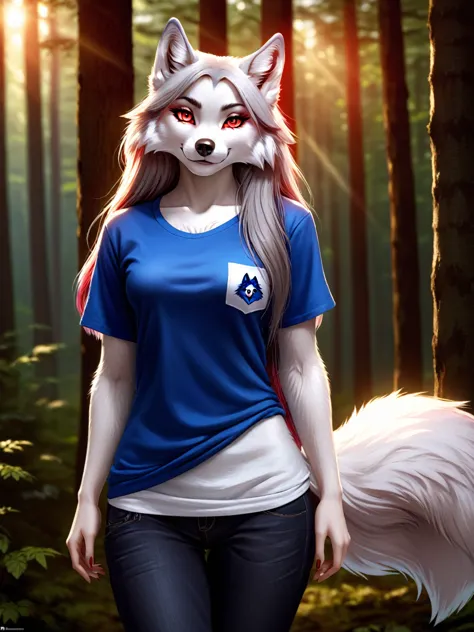 Posing, Female, 30 years old, cute, eyeliner, long hair, biting lip smile, blue shirt, bedroom eyes, anthro, wolf ears, (white f...