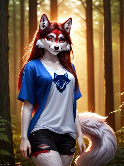 Posing, Female, 30 years old, cute, eyeliner, long hair, biting lip smile, blue shirt, bedroom eyes, anthro, wolf ears, (white f...