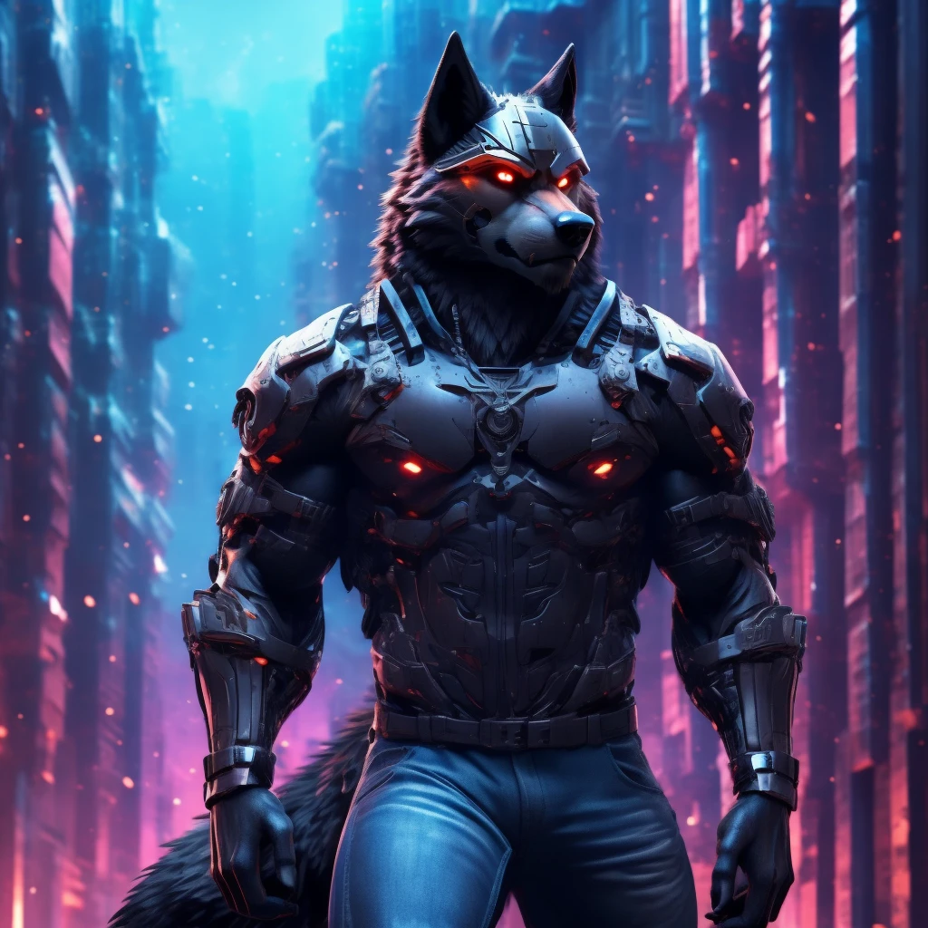 Posing, Male, 30 years old, snarl, visor, purple glowing eyes , anthro,  wolf ears, (black fur:1.5), cyber wolf, city background, 8k, hi res, (best quality, masterpiece), (wolf tail:1.5), detailed fur, solo, looking at camera, night, black leather jacket, Blue jeans,