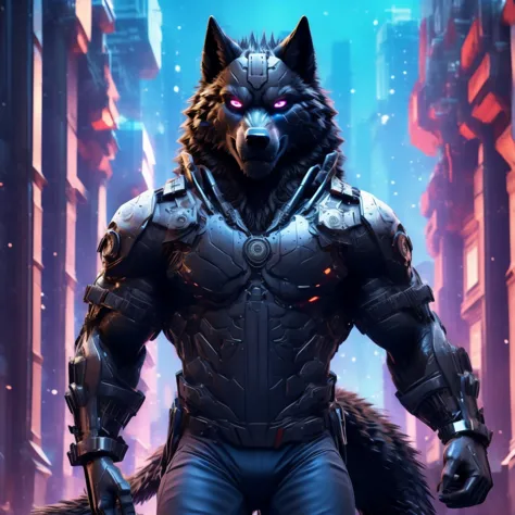 Posing, Male, 30 years old, snarl, visor, purple glowing eyes , anthro,  wolf ears, (black fur:1.5), cyber wolf, city background...