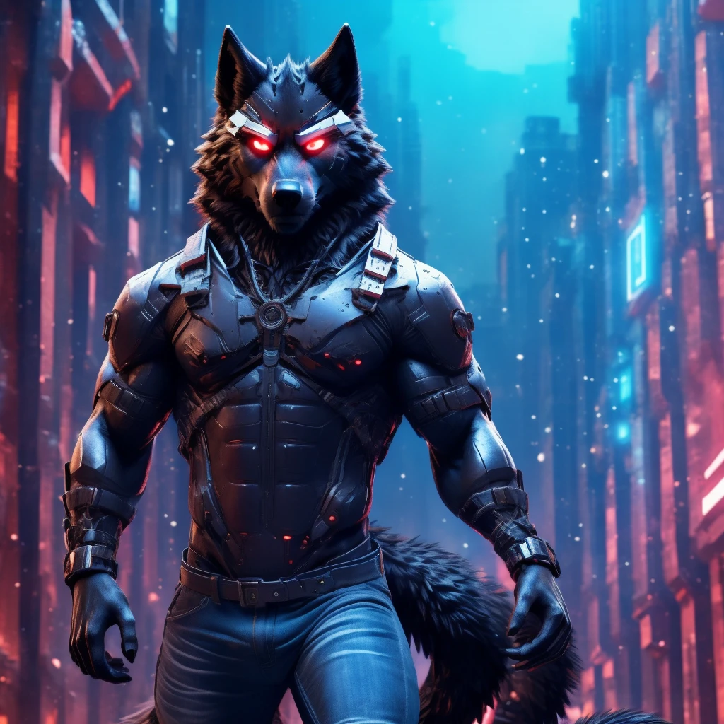 Posing, Male, 30 years old, snarl, visor, purple glowing eyes , anthro,  wolf ears, (black fur:1.5), cyber wolf, city background, 8k, hi res, (best quality, masterpiece), (wolf tail:1.5), detailed fur, solo, looking at camera, night, black leather jacket, Blue jeans,