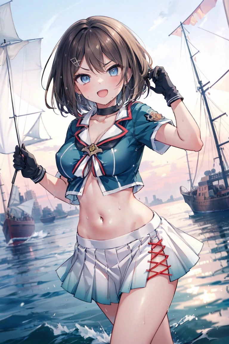 1young_teen_ girl, , brown_hair, medium_bob_hair, blue_midriff_baring_sailor_uniform, mini_skirt, short_sleeve, thighs, big_breasts, angry, smile, open_mouth, standing, harbor_background, slightly_spread_Legs, happiness, short_gloves, wet,,covered_nipples, covered_crotch,Maya_flag,