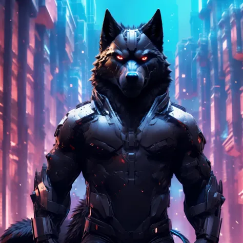 Posing, Male, 30 years old, snarl, visor, purple glowing eyes , anthro,  wolf ears, (black fur:1.5), cyber wolf, city background...