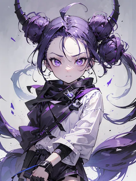 boy. thoughtful look. open forehead. black and purple hair tied in a bun on the left side to one side. winding black horns wrapp...