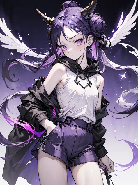 boy. thoughtful look. open forehead. black and purple hair tied in a bun on the left side to one side. winding black horns wrapp...