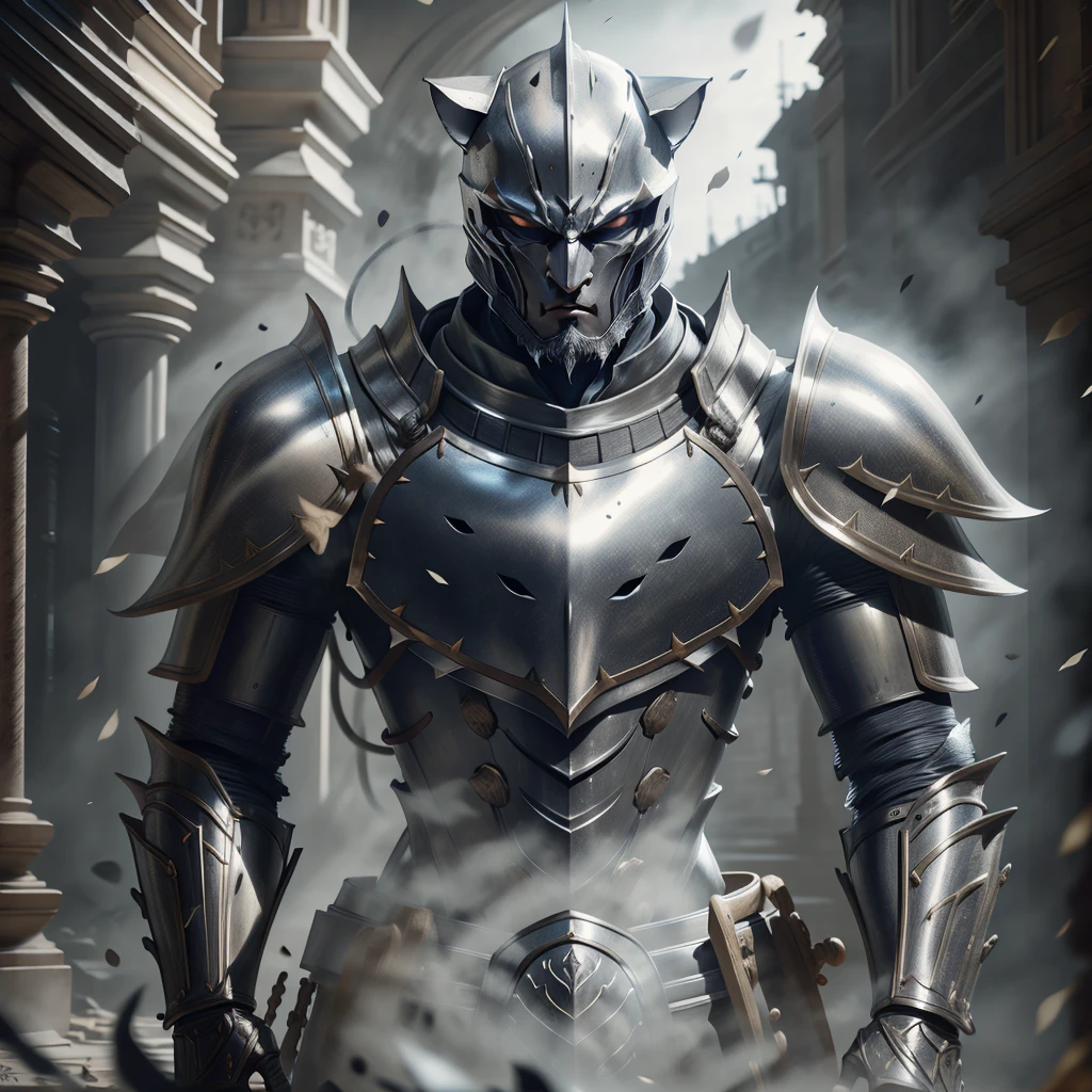 cat knight on his knees, portrait, highly detailed armor, complex design, silver, Silk, Cinematic lighting, 4K