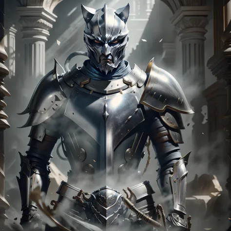 cat knight on his knees, portrait, highly detailed armor, complex design, silver, Silk, Cinematic lighting, 4K