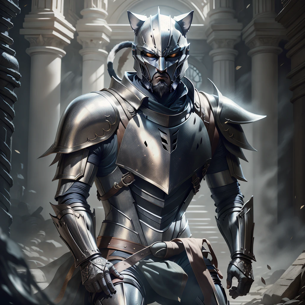 cat knight on his knees, portrait, highly detailed armor, complex design, silver, Silk, Cinematic lighting, 4K