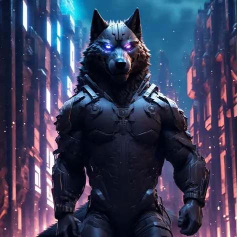 Posing, Male, 30 years old, snarl, visor, purple glowing eyes , anthro,  wolf ears, (black fur:1.5), cyber wolf, city background...