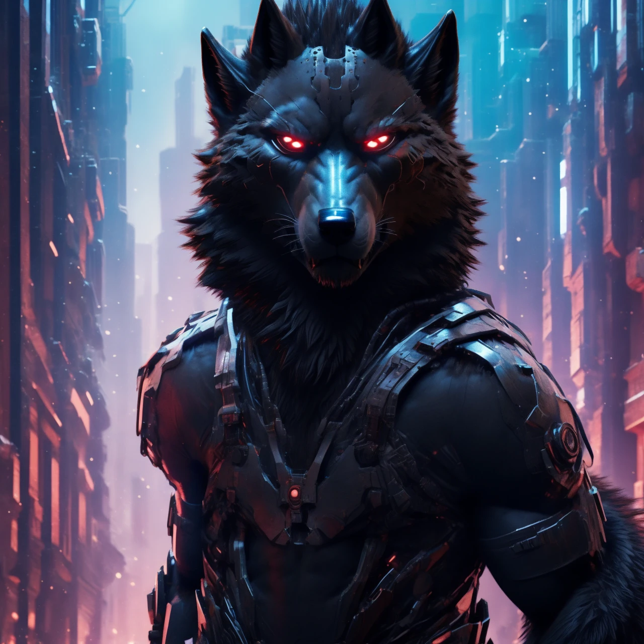 Posing, Male, 30 years old, snarl, visor, purple glowing eyes , anthro,  wolf ears, (black fur:1.5), cyber wolf, city background, 8k, hi res, (best quality, masterpiece), (wolf tail:1.5), detailed fur, solo, looking at camera, night, black leather jacket, Blue jeans,