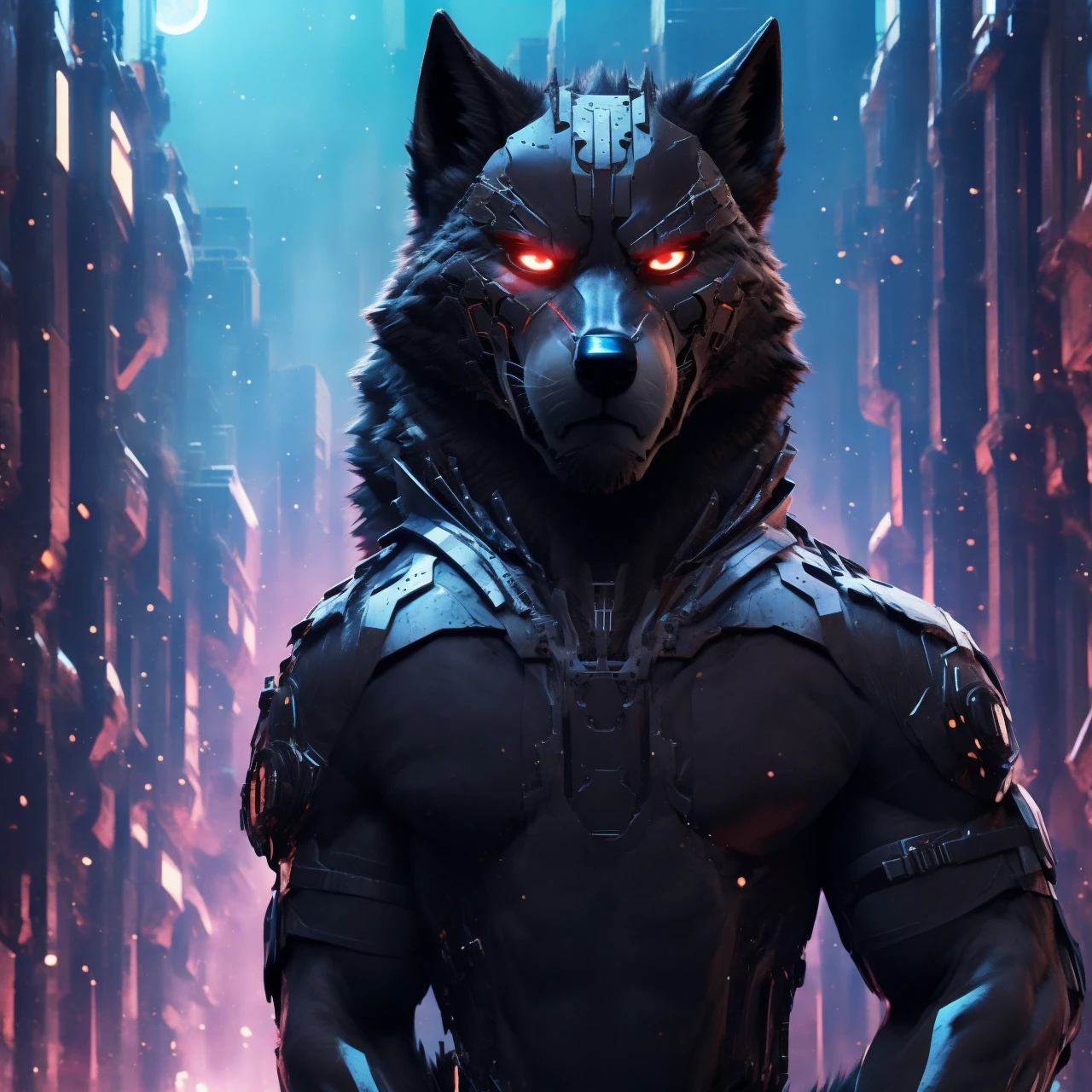 Posing, Male, 30 years old, snarl, visor, purple glowing eyes , anthro,  wolf ears, (black fur:1.5), cyber wolf, city background, 8k, hi res, (best quality, masterpiece), (wolf tail:1.5), detailed fur, solo, looking at camera, night, black leather jacket, Blue jeans,