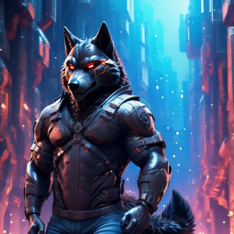 Posing, Male, 30 years old, snarl, visor, purple glowing eyes , anthro,  wolf ears, (black fur:1.5), cyber wolf, city background...