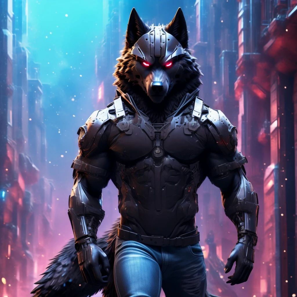 Posing, Male, 30 years old, snarl, visor, purple glowing eyes , anthro,  wolf ears, (black fur:1.5), cyber wolf, city background, 8k, hi res, (best quality, masterpiece), (wolf tail:1.5), detailed fur, solo, looking at camera, night, black leather jacket, Blue jeans,