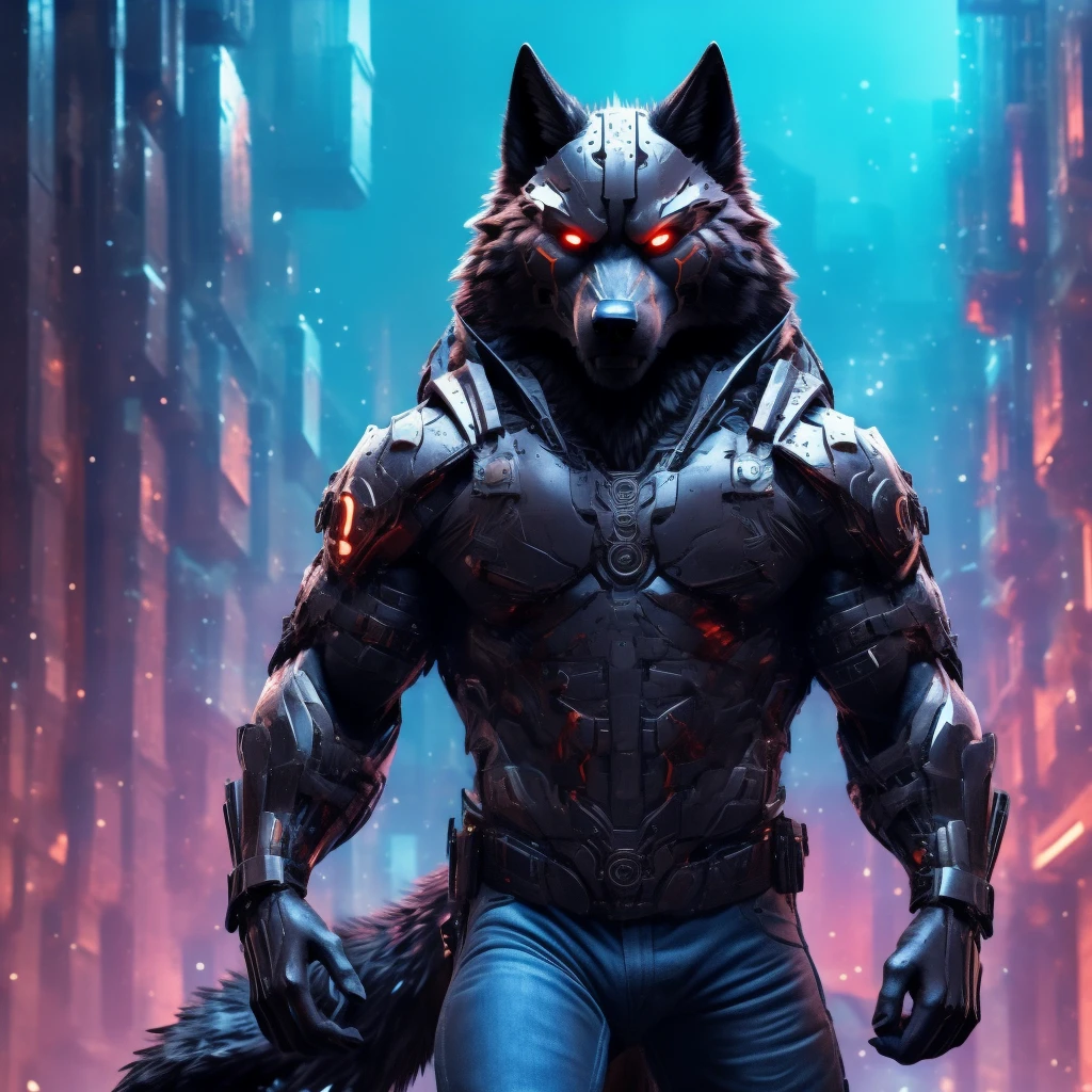 Posing, Male, 30 years old, snarl, visor, purple glowing eyes , anthro,  wolf ears, (black fur:1.5), cyber wolf, city background, 8k, hi res, (best quality, masterpiece), (wolf tail:1.5), detailed fur, solo, looking at camera, night, black leather jacket, Blue jeans,