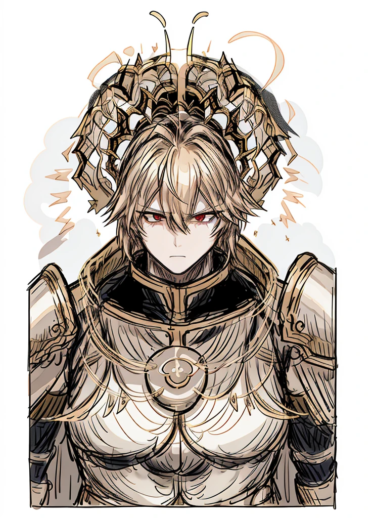 1boy, golden hair, red eyes, golden saint, epic armor, legendary weapon, handsome man, elegant clothes, holy knight, epic accessories, (high resolution, high detail, best quality), serious, serious.