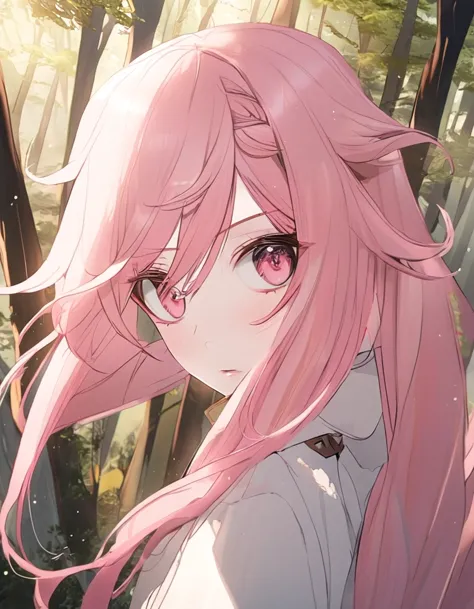 girl, long pink hair, white eyes, pale skin, forest, anime, genshin impact