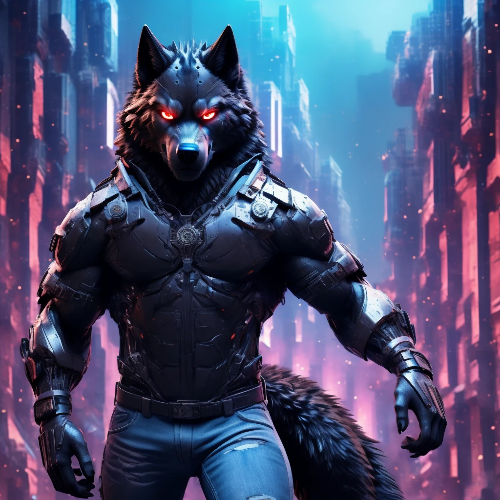 Posing, Male, 30 years old, snarl, visor, purple glowing eyes , anthro,  wolf ears, (black fur:1.5), cyber wolf, city background, 8k, hi res, (best quality, masterpiece), (wolf tail:1.5), detailed fur, solo, looking at camera, night, black leather jacket, Blue jeans,