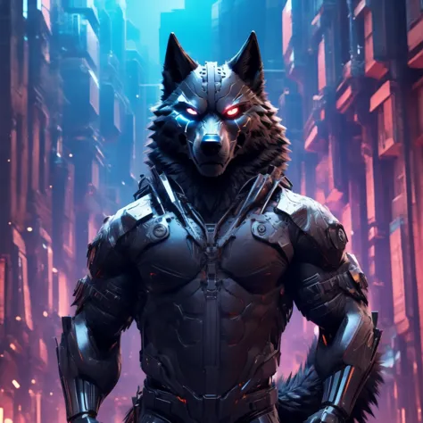 Posing, Male, 30 years old, snarl, visor, purple glowing eyes , anthro,  wolf ears, (black fur:1.5), cyber wolf, city background...