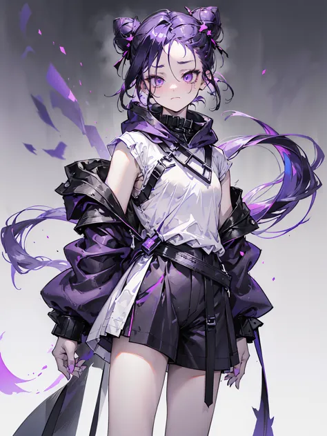 boy. thoughtful look. open forehead. black and purple hair tied in a bun on the left side to one side. winding black horns wrapp...