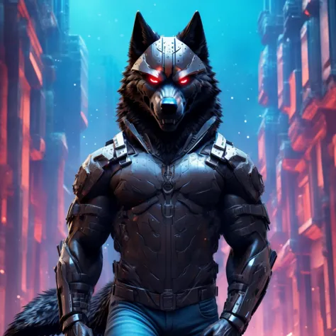 Posing, Male, 30 years old, evil grin, visor, blue glowing eyes , anthro,  wolf ears, (black fur:1.5), cyber wolf, city backgrou...