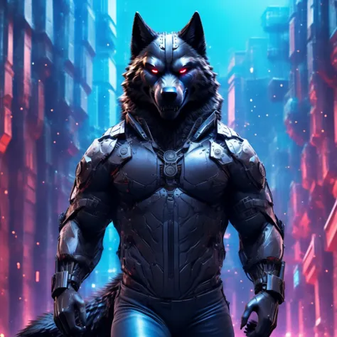 Posing, Male, 30 years old, evil grin, visor, blue glowing eyes , anthro,  wolf ears, (black fur:1.5), cyber wolf, city backgrou...