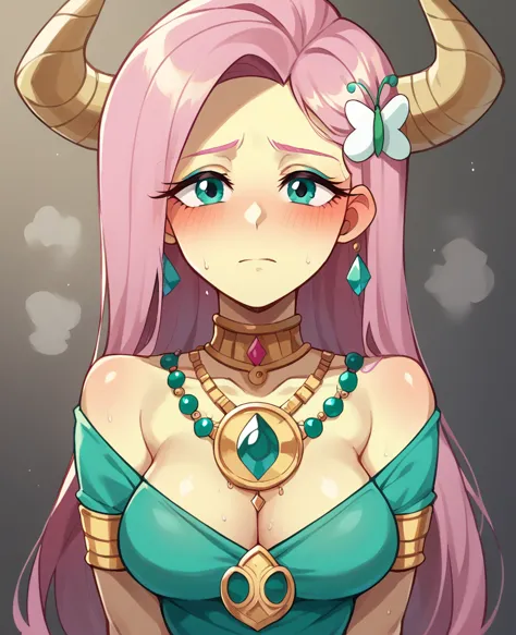 fluttershy from equestria girls half-naked wearing greek clothes with jewelry all over her body while looking at the viewer in f...