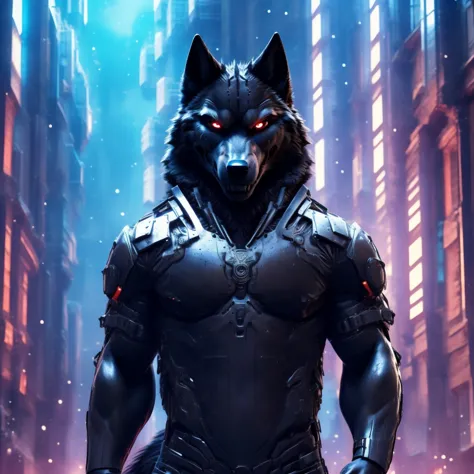 Posing, Male, 30 years old, evil grin, blue glowing eyes , anthro,  wolf ears, (black fur:1.5), cyber wolf, city background, 8k,...