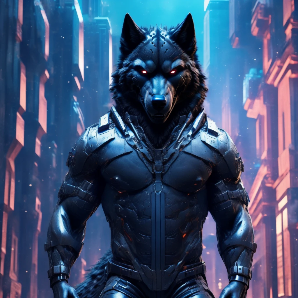 Posing, Male, 30 years old, evil grin, blue glowing eyes , anthro,  wolf ears, (black fur:1.5), cyber wolf, city background, 8k, hi res, (best quality, masterpiece), (wolf tail:1.5), detailed fur, solo, looking at camera, night, black leather jacket, Blue jeans, realistic,