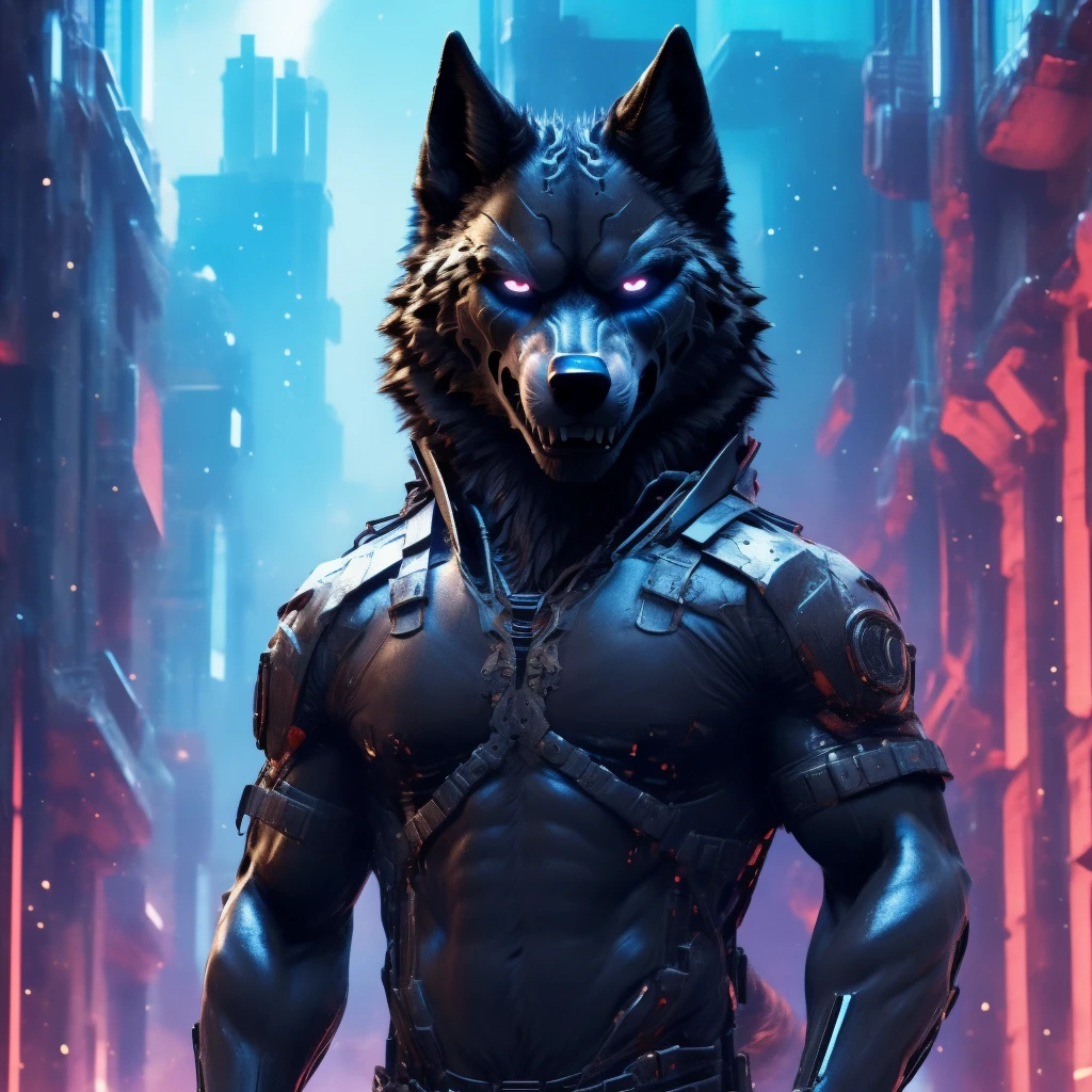 Posing, Male, 30 years old, evil grin, blue glowing eyes , anthro,  wolf ears, (black fur:1.5), cyber wolf, city background, 8k, hi res, (best quality, masterpiece), (wolf tail:1.5), detailed fur, solo, looking at camera, night, black leather jacket, Blue jeans, realistic,